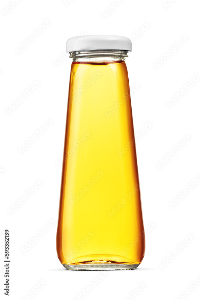 Small glass twist off bottle with apple juice closed with metal screw cap isolated on white. Small glass twist off bottle with apple juice closed with metal screw cap isolated on white.