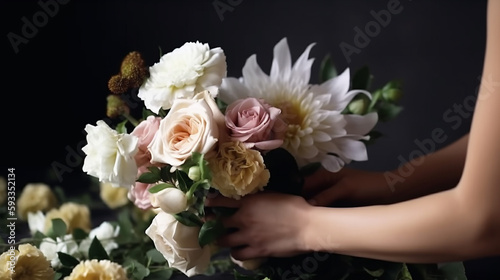 Female Arranging a White Flower Bouquet 