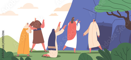Resurrection Of Lazarus Biblical Scene. Jesus Performs A Miracle, Bringing Lazarus Back To Life After Four Days In Tomb