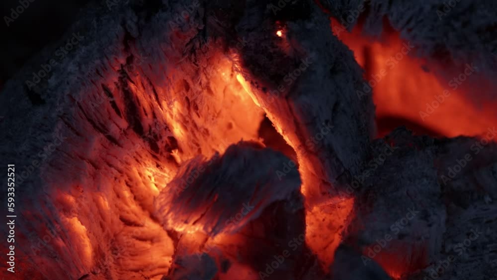 Wood fire. Burning embers with bright color. Wood fire with hot embers and ashes. Background dedicated to the barbecue and the flames in the fire similar to lava and burning coal in a fireplace.