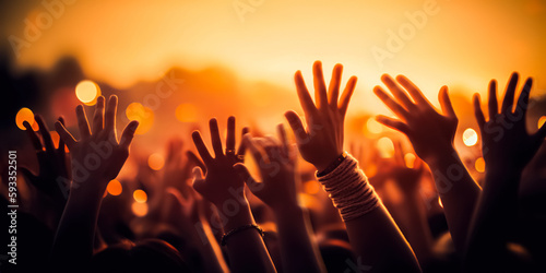 Cheering crowd with hands in air at music festival. Party beach. Blurred people having night beach party in summer vacation. Bokeh People have fun at sunset on a beach. 