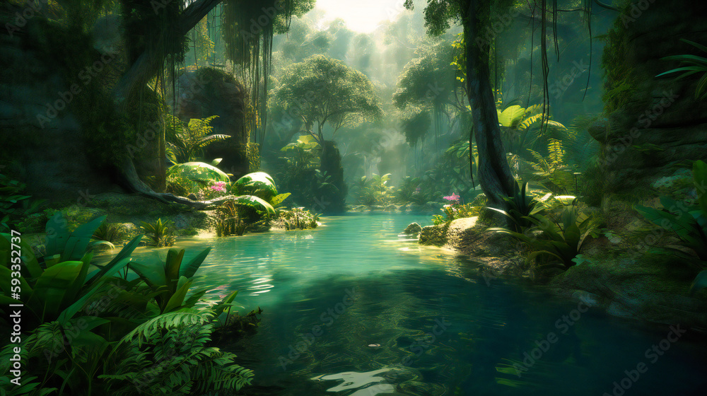 An Asian tropical forest in shaded environment - obrazy, fototapety, plakaty 