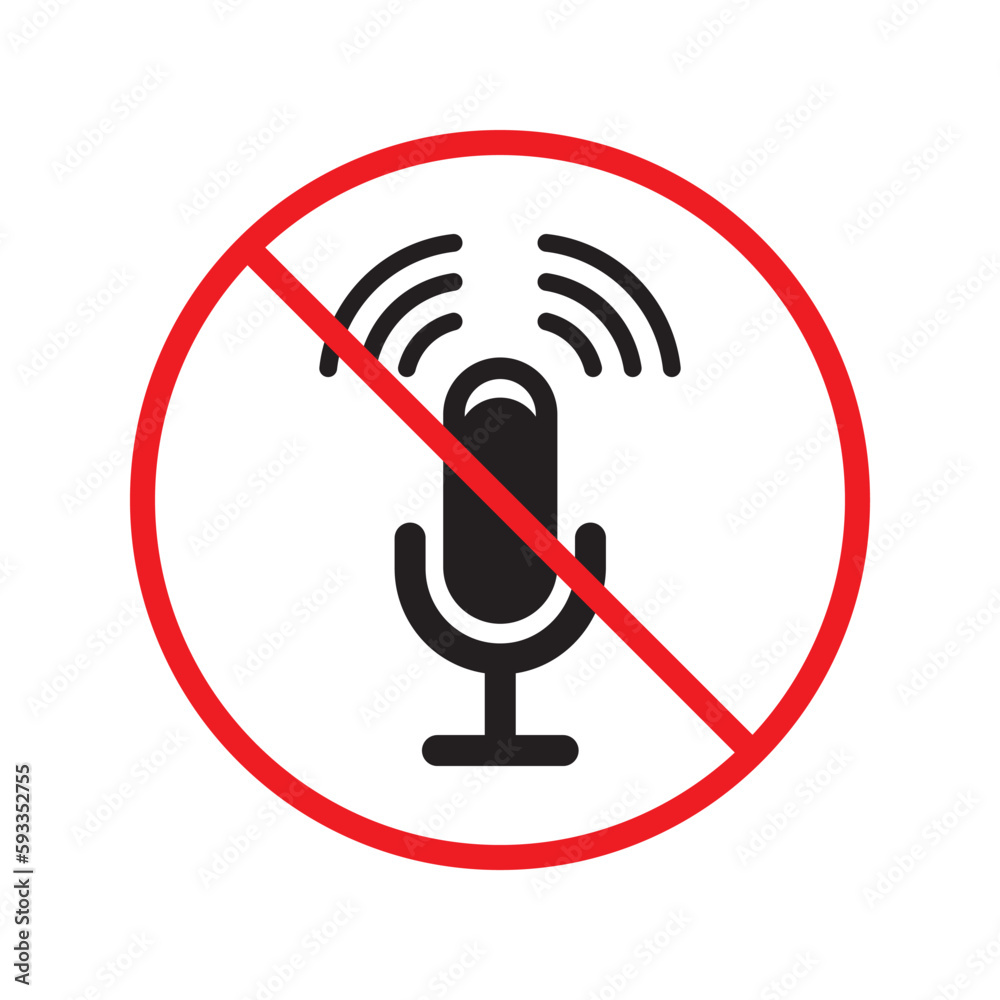 Forbidden microphone vector icon. Mic flat sign design. No mic prohibited vector icon. Warning, caution, attention, restriction, label micro flat sign. Forbidden microphone vector icon. Mic flat sign design. No mic prohibited vector icon. Warning, caution, attention, restriction, label micro flat sign.