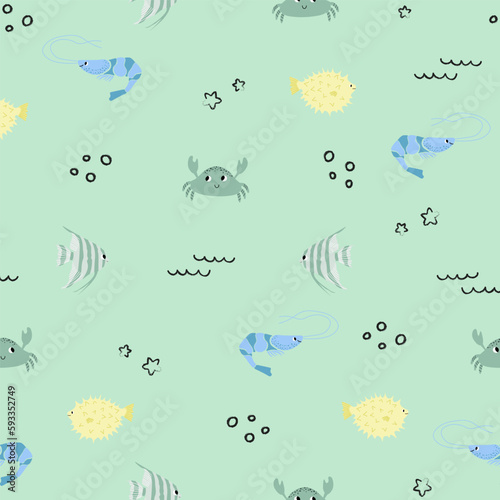 Vector seamless pattern with shrimp, crab, fugu fish, scalaria fish.Underwater cartoon creatures.Marine background.Cute ocean pattern for fabric, childrens clothing,textiles,wrapping paper