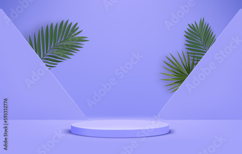 Bright illuminated violet interior with portal, podium and green leaves. Eco friendly product showcase template. 3d vector background