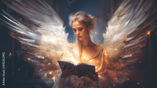 angel woman reads a book. generative ai. photo