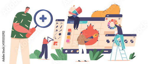 Graphic Design Creative Profession Concept With Tiny Male And Female Designer Characters Drawing On Huge Computer