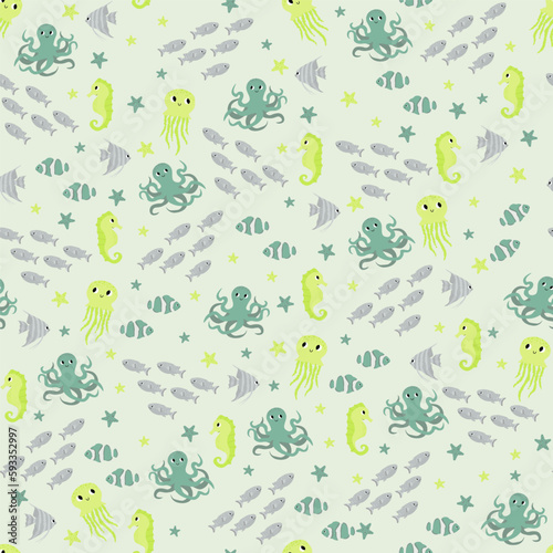 Vector seamless pattern with clownfish seahorse jellyfish octopus scalaria fish.Underwater cartoon creatures.Marine background.Cute ocean pattern for fabric childrens clothing textiles wrapping paper