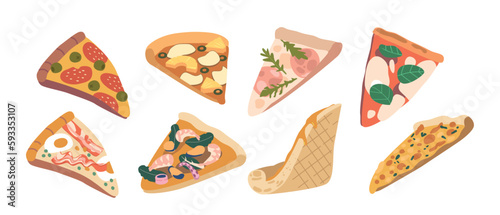 Mouth-watering Set Of Various Pizza Slices With Different Toppings, Including Pepperoni, Seafood, Pineapples, And Olives