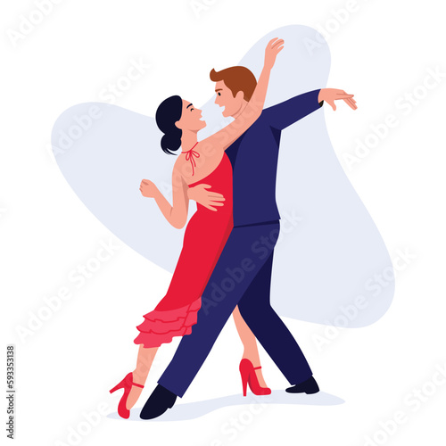 Vector illustration of tango dancers. Cartoon scene with tango dancers, a girl in a red dress on heels and a guy in an elegant suit isolated on a white background.