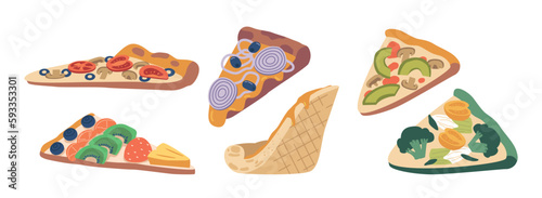 Delicious Slices Of Pizza Featuring Various Toppings, Fruits And Veggies Isolated Set Ideal For Pizza Delivery Services