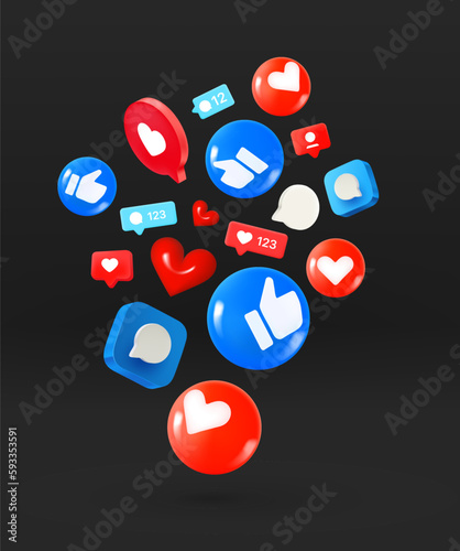 Social media icons flying on black background. 3d vector illustration