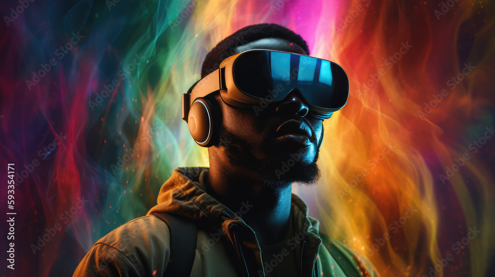 Man wearing VR/AR goggles surrounded by a colorful background by generative AI Man wearing VR/AR goggles surrounded by a colorful background by generative AI
