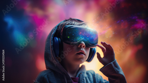 Child wearing VR goggles surrounded by sparkling color by generative AI