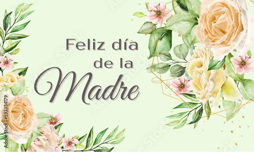 tarjeta o pancarta para desear un feliz día de la madre en gris sobre un fondo verde con flores a cada lado en colores rosa, amarillo y salmón