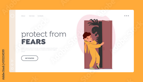Childhood Fears Landing Page Template. Children's Fear Of Monster Hiding In Closet. Concept of Horror, Or Anxiety