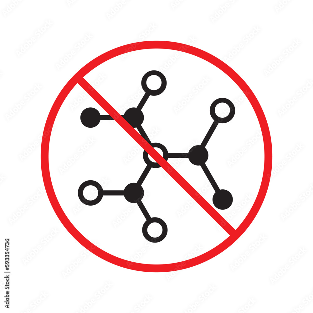 Forbidden chemical vector icon. No atom flat sign design. Prohibited molecule symbol pictogram. Warning, caution, attention, restriction label ban danger stop. Do not use chemical icon. Forbidden chemical vector icon. No atom flat sign design. Prohibited molecule symbol pictogram. Warning, caution, attention, restriction label ban danger stop. Do not use chemical icon.