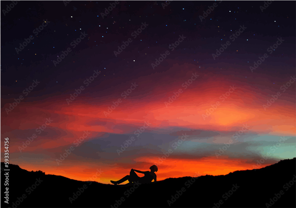 Obraz premium A silhouette boy stargazing laying on the mountain digital art 