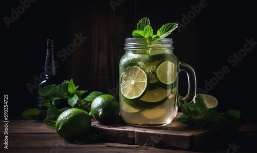  a mason jar filled with lemons and limes next to a bottle of alcohol.  generative ai