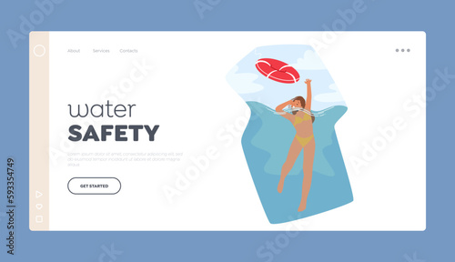 Water Safety Measures Landing Page Template. Female Character Drowning Trying to Keep Breath In Desperation