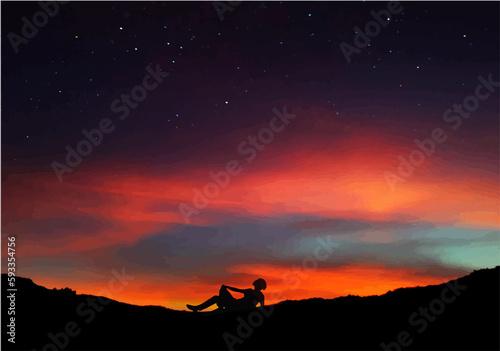 A silhouette boy stargazing laying on the mountain digital art 