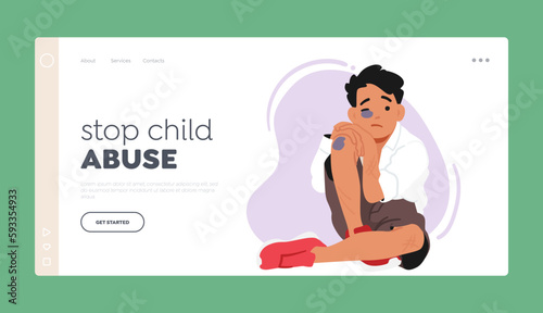 Stop Child Abuse Landing Page Template. Young Boy Bears Bruises From Domestic Violence. Painful Reality Of Abuse