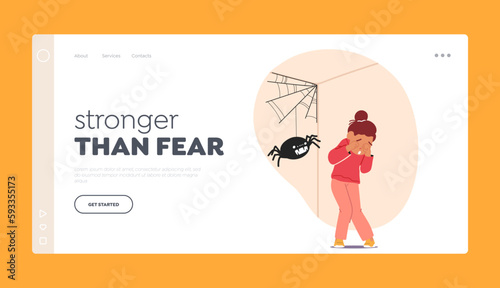 Intense Fear Of Spiders Landing Page Template. Child Character Experiences Arachnophobia, Vector Illustration