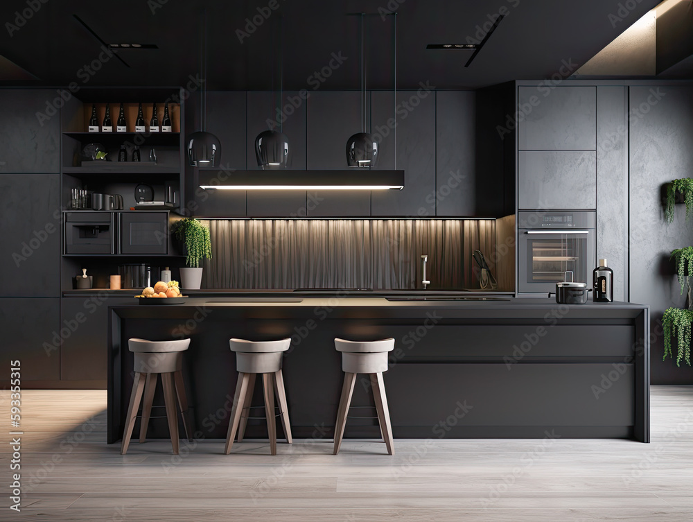 Kitchen sink area with black square matte sink tap in contemporary