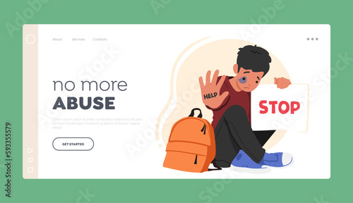 No more Abuse Landing Page Template. Young Boy Character with Signs of Beatings on Face Hold Banner With Word Stop