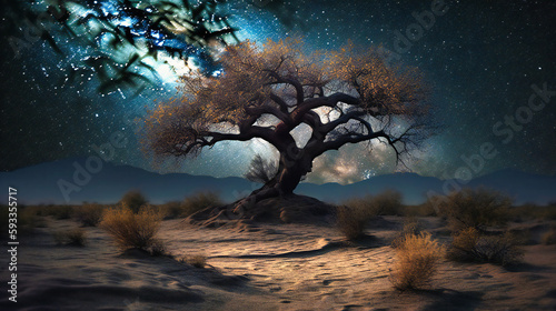 A desert tree against a starlit sky