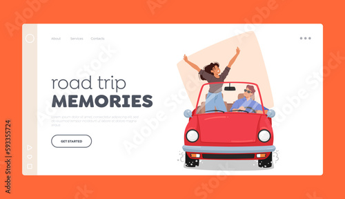 Adventure, Road Trip Memories Landing Page Template. Excited Woman And Her Partner Characters Traveling By Car