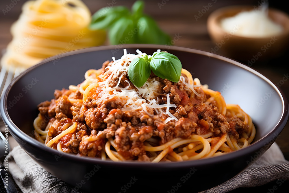 spaghetti bologense with parmesan cheese and basil leaves spaghetti bologense with parmesan cheese and basil leaves