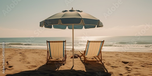 Beautiful beach banner. White sand, chairs and umbrella travel tourism wide panorama background concept. Amazing beach landscape © Maurizio