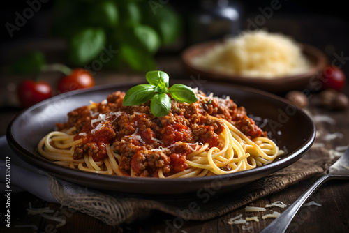 spaghetti bologense with parmesan cheese and basil leaves