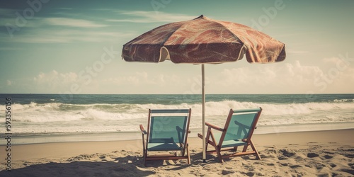 Beautiful beach banner. White sand  chairs and umbrella travel tourism wide panorama background concept. Amazing beach landscape