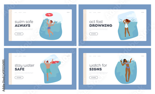 People Flail In Water Landing Page Template Set. Characters Struggling To Stay Afloat And Gasping For Air