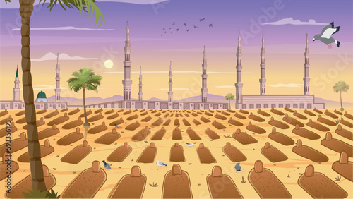 View of Baqee' Muslim cemetary at Masjid (mosque) Nabawi in Al Madinah and the bathroom , Kingdom of Saudi Arabia illustration  
