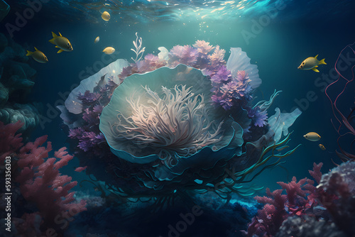 Fantasy Beautiful Underwater Flower, plant and leaves floral background 