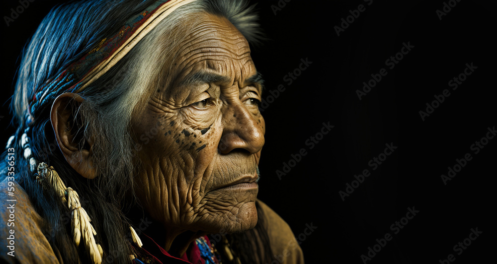 Portrait of old male native american on dark background,generative ai.