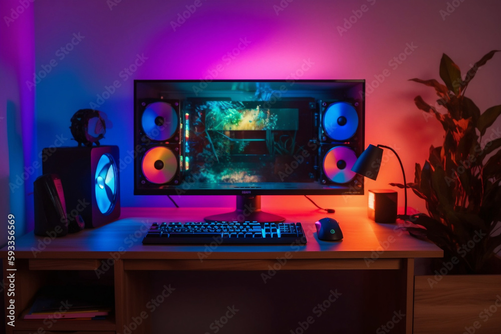 An Empty PC Gaming Room with Colorful Lighting