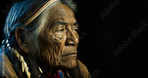Portrait of old male native american on dark background,generative ai. © Nokhoog
