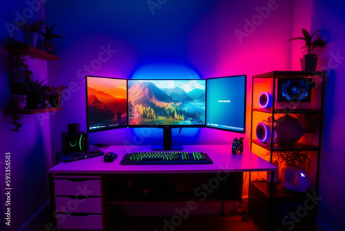 An Empty PC Gaming Room with Colorful Lighting