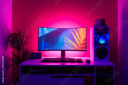 An Empty PC Gaming Room with Colorful Lighting