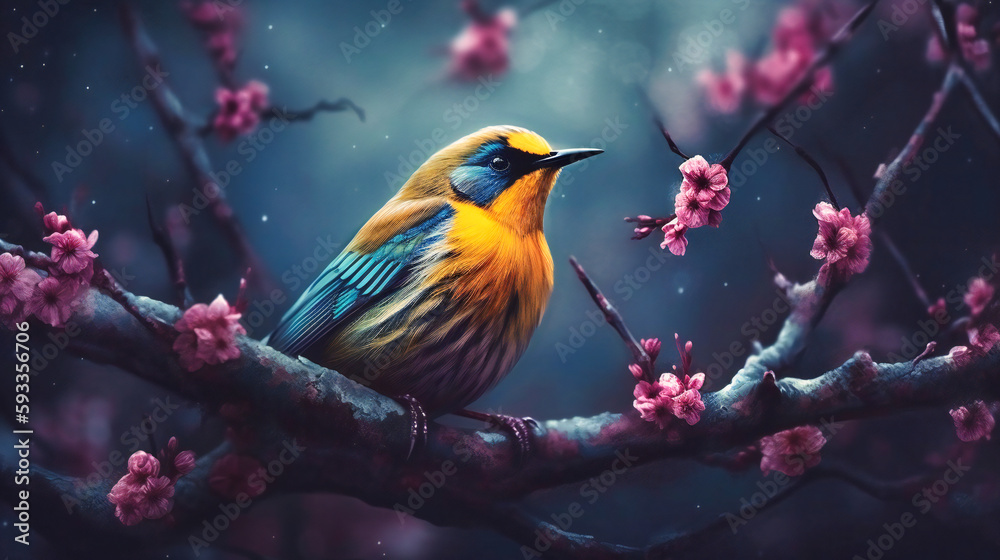 A bird sitting on branch in pink blossoms backgrounds