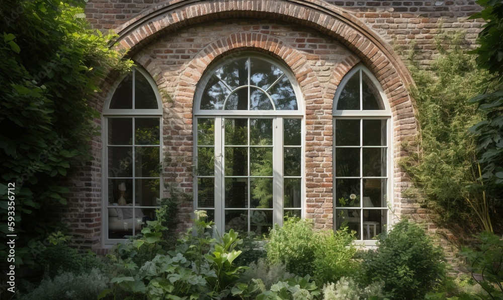 Fototapeta premium a brick building with arched windows and plants in the foreground. generative ai