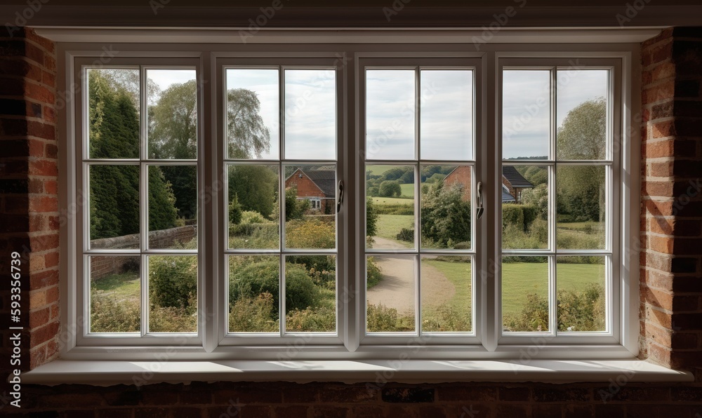 Obraz premium a window with a view of a field and a house. generative ai