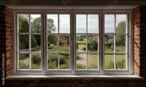  a window with a view of a field and a house.  generative ai