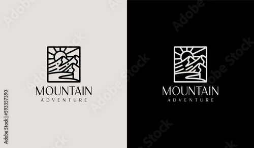 Mountain travel emblems. Camping outdoor adventure emblems, badges and logo patches. Mountain tourism, hiking. Universal creative premium symbol. Vector illustration