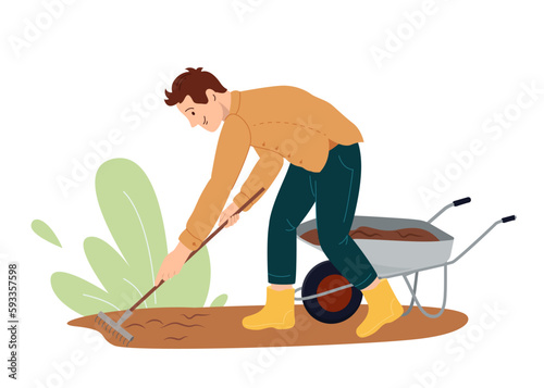 The gardener is working in the garden, raking the bedsisolated on white. Agricultural man during work. Agricultural activity Vector illustration in flat style