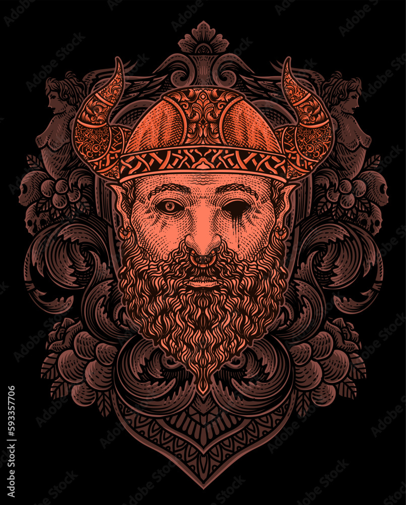 Illustration of viking head with vintage engraving ornament in back perfect for your business and Merchandise